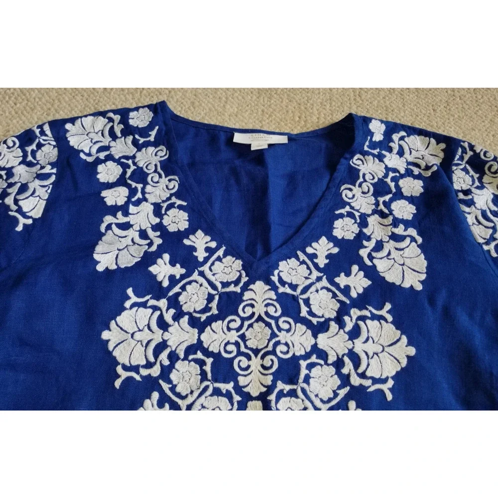 Womens Top-CHARTER CLUB-royal blue linen embroidered tunic Resort Country Club-L